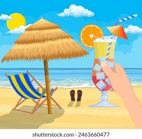 Glass of drink cocktail in hand. Landscape of wooden chaise lounge, umbrella, flip flops on beach. Day in tropical place. Vector illustration in flat style