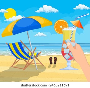 Glass of drink cocktail in hand. Landscape of wooden chaise lounge, umbrella, flip flops on beach. Day in tropical place. Vector illustration in flat style