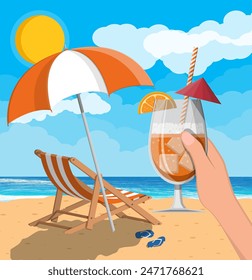 Glass of drink cocktail in hand. Landscape of wooden chaise lounge, umbrella, flip flops on beach. Sun with reflection in water and clouds. Day in tropical place. Vector illustration in flat style