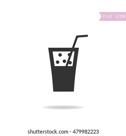 Glass of drink, cocktail with straw. Black flat icon isolated