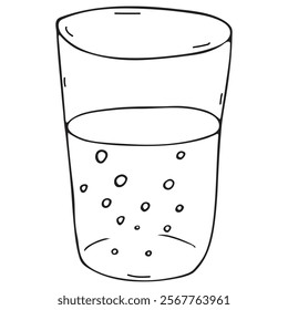 glass with drink, coffee or cocoa with milk, soda, vector black and white doodle element, coloring book, cute design element