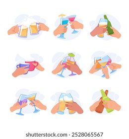 Glass with Drink in Hands Clinking Together Vector Set