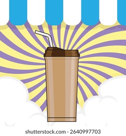 Glass of drink has a radial background with swirls, clouds and colorful hanging flags. Vector illustration for design.