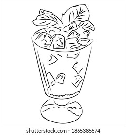 glass drink with ice. cocktail, alcohol, non-alcoholic. mojito, bottled water, juice, cold coffee, iced tea, milk tea. mint decoration. black outline. coloring. menu design. vector eps 10