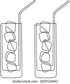 Glass. Drink with ice. Continuous line drawing. Vector illustration
