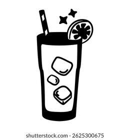 Glass of a drink with ice cubes and a straw. The drink is a cocktail. The glass is half full
