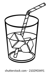 Glass with drink, ice and straw - vector linear illustration for coloring, logo or pictogram. Outline. Glass drink with ice