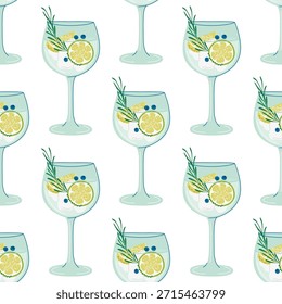Vaso de bebida de rodaja de limón, hielo, baya y fondo de romero. Refrescante patrón sin costuras de Gin y Tonic Cock. Ornamento simple para el menú del restaurante, partido, acontecimiento. Ilustración dibujada a mano de diseño plano.
