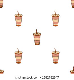 Glass of drink with a lid and a straw.Seamless pattern. hand drawn vector illustration.   doodles or cartoon style.
