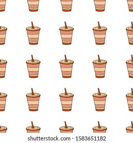 Glass of drink with a lid and a straw.Seamless pattern. hand drawn vector illustration.   doodles or cartoon style.
