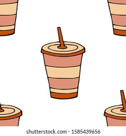 Glass of drink with a lid and a straw.Seamless pattern. hand drawn vector illustration.   doodles or cartoon style.
