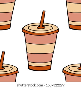 Glass of drink with a lid and a straw.Seamless pattern. hand drawn vector illustration.   doodles or cartoon style.
