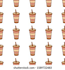 Glass of drink with a lid and a straw.Seamless pattern. hand drawn vector illustration.   doodles or cartoon style.
