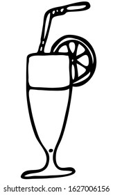 Glass with a drink in a linear drawing style. A glass with a straw drawn for an icon, logo or banner. Cocktail for a youth party, drawn in hand-drawn style on a white isolate. Juice from orange.