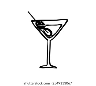 Glass with drink and olive hand drawn in doodle style. Food, kitchen, menu. Vector illustration for design.