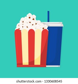glass of drink and pack of popcorn, vector