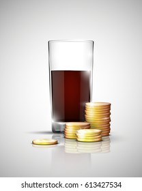 Glass of drink with pile gold coins on bottom. Savings when choosing a drink