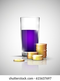 Glass of drink with pile gold coins on bottom. Savings when choosing a drink