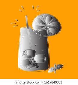 A glass of drink with a slice of citrus fruit and a straw. In color, metal. Vector illustration.