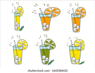 Glass of drink with a slice of fruit, lemon, orange, lime and a straw. Different juice. Vector illustration.