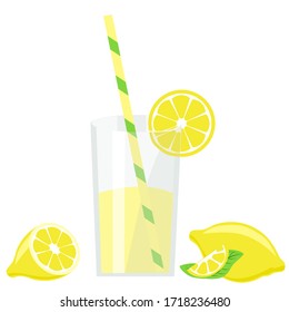 A glass with drink and a slice of lemon. Yellow fruit. Isolated vector painting art
