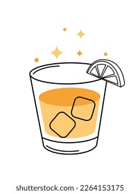 Glass with drink. Soda or juice with ice, light drink or cocktail with citruc slice. Tropic and exotic, symbol of summer season and hot weather. Cartoon flat vector illustration