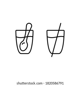 Glass with drink, spoon. Linear icons set for microwave oven instruction. Black simple illustration of rule of heating liquid in cup. Contour isolated vector pictogram on white background