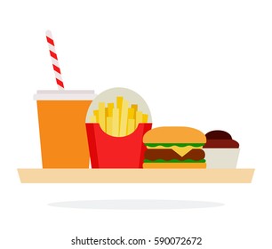 Glass with drink and straw, burger, fries in the package and a muffin on a tray vector flat material design isolated on white