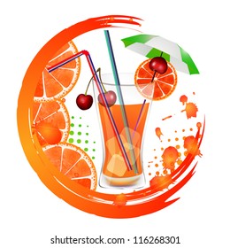 Glass of drink with straw ice cube and fruit piece