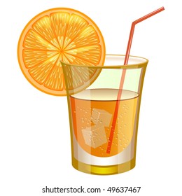 Glass of drink with straw ice cube and fruit piece