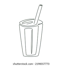 Glass drink glass with straw, vector isolated illustration in line art style with endless line.