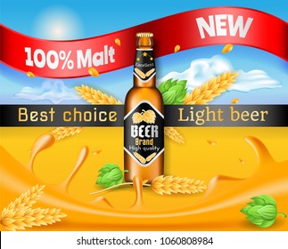 Glass Drinking Bottle with Light Beer and Splashing, Ad Poster, 100% Malt, Hop, Sky with Clouds, Design Advertising Template, Promotion Banner, Mockup for Brand, Hand Drawn Vector 3D Illustration