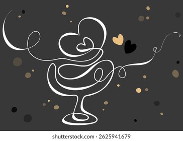 Glass drinking glass with one smooth white line on dark background. Hearts and bokeh in gold and black color different transparency. Vector stylish drawing - symbol of love uniting different people