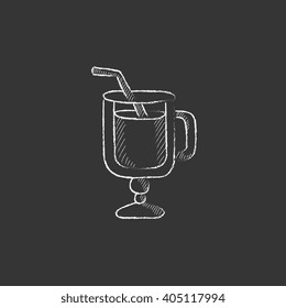 Glass with drinking straw. Drawn in chalk icon.
