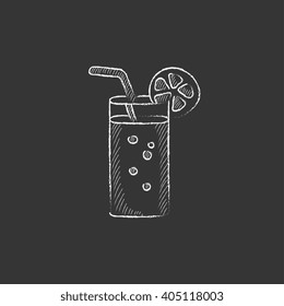 Glass with drinking straw. Drawn in chalk icon.