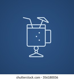 Glass with drinking straw and umbrella line icon for web, mobile and infographics. Vector light blue icon isolated on blue background.