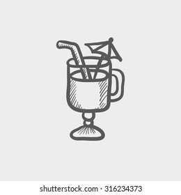 Glass with drinking straw and umbrella sketch icon sketch icon for web, mobile and infographics. Hand drawn vector dark grey icon isolated on light grey background.