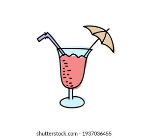 Glass with drinking straw and umbrella summer vector sketch icon isolated on background. Hand drawn Glass with drinking straw icon for infographic, website or app