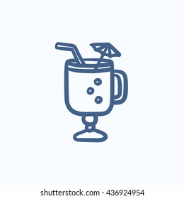 Glass with drinking straw and umbrella vector sketch icon isolated on background. Hand drawn Glass with drinking straw icon. Glass with drinking straw sketch icon for infographic, website or app.