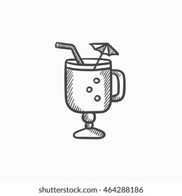Glass with drinking straw and umbrella vector sketch icon isolated on background. Hand drawn Glass with drinking straw icon. Glass with drinking straw sketch icon for infographic, website or app.