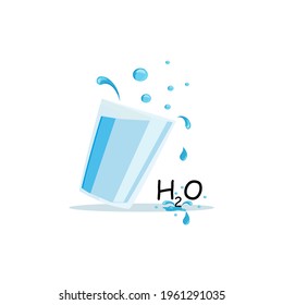 A glass of drinking water, splash,  drop of liquid, transparent water. Water chemical formula H2O. Stop waste water. Flat vector drawn illustration, isolated objects.