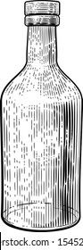 Glass drinks bottle in a vintage retro woodcut etching or engraved style