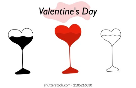 A glass for drinks in the shape of a heart. A festive glass. In color, solid and linear designs. A symbol of love and a Valentine Day holiday. Vector illustration.