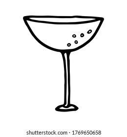  Glass for drinks. Vector linear illustration in doodle style on a white background. For the design of holiday cards, invitations, menus, stickers, icons, packaging, posters.