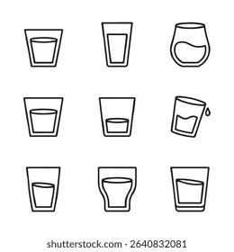 Glass and Drinkware Icons Set Collection. Set of Various Drink Glass Shapes Filled with Liquid
