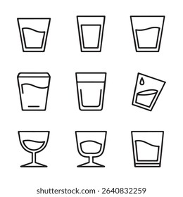 Glass and Drinkware Icons Set Collection. Set of Various Drink Glass Shapes Filled with Liquid
