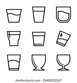 Glass and Drinkware Icons Set Collection. Set of Various Drink Glass Shapes Filled with Liquid
