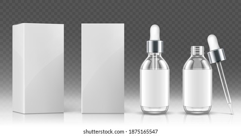 Botella de gafas de vidrio para aceite cosmético o caja de envases de suero y blanco en la vista frontal y angular. Modelación vectorial realista del matraz vacío con pipeta y tapón de plata para gotas médicas o productos de cuidado de la piel