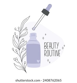 Glass dropper bottle with cosmetic serum for skin care. Face skin routine. Vector
