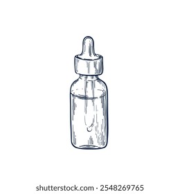 Glass dropper bottle hand drawn Isolated vector illustration. Sketch template for card design, packaging, cosmetics, medicine, treating, aromatherapy, healthcare decor. Engraving style